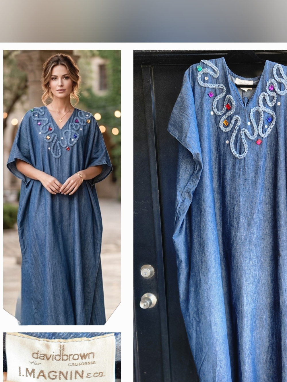 Vintage Denim Embroidered Caftan Dress - Blue